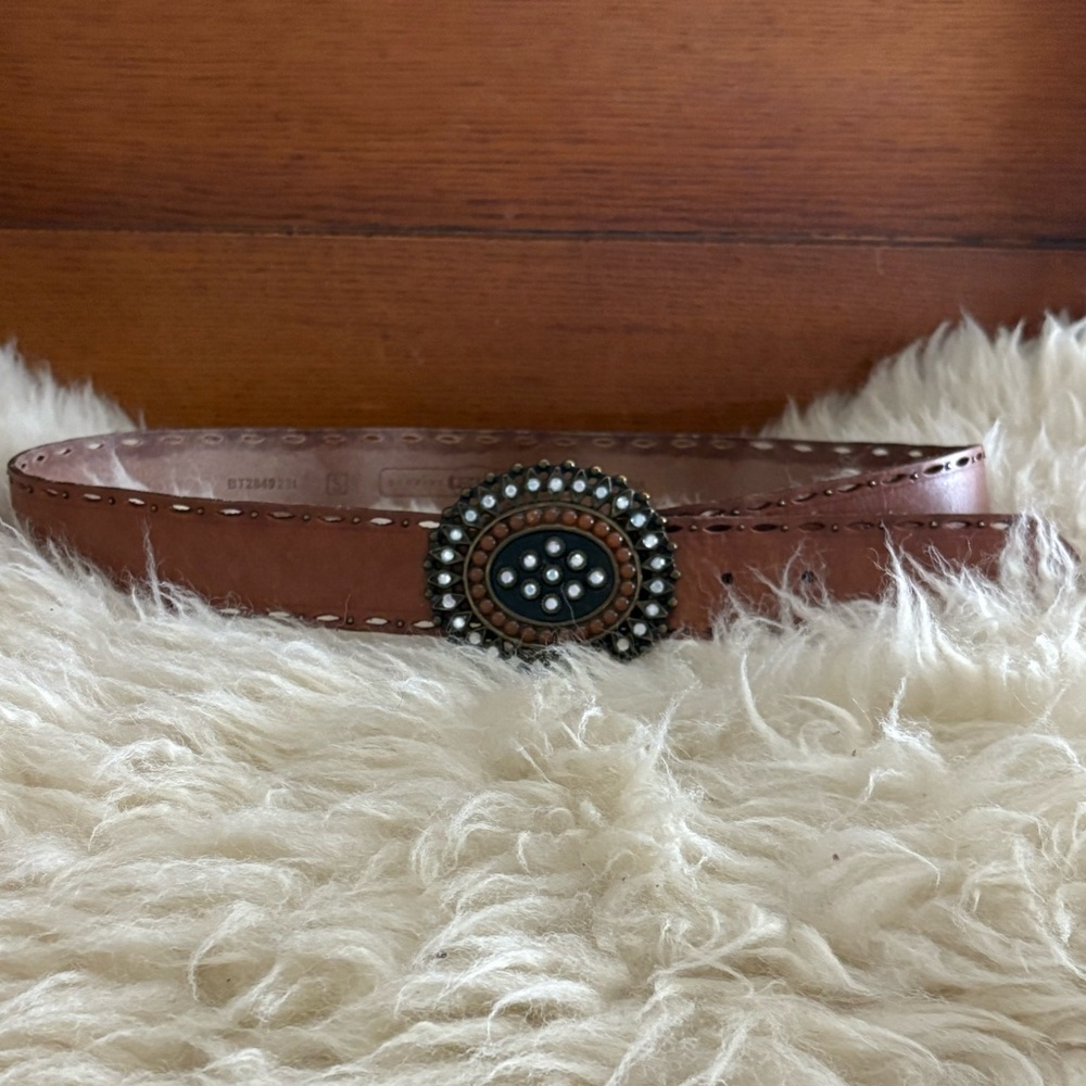 Fossil Brown Leather Belt with Oval Beaded Rhinestone Buckle